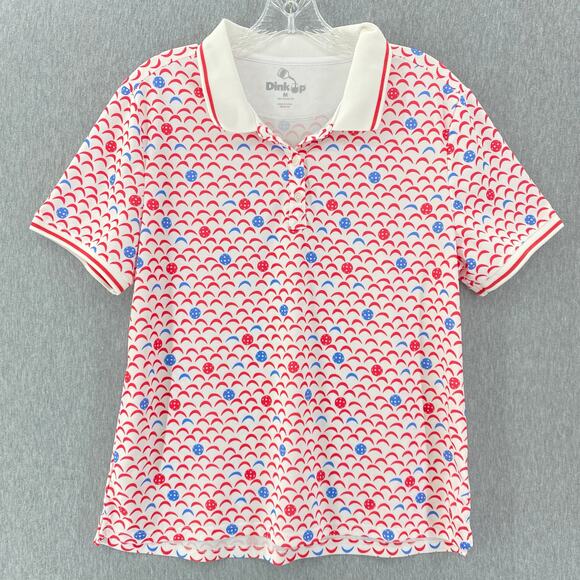 Dink Up Tops - Dink Up Pickleball Polo Shirt Blue Red Novelty Ball Print Women Medium